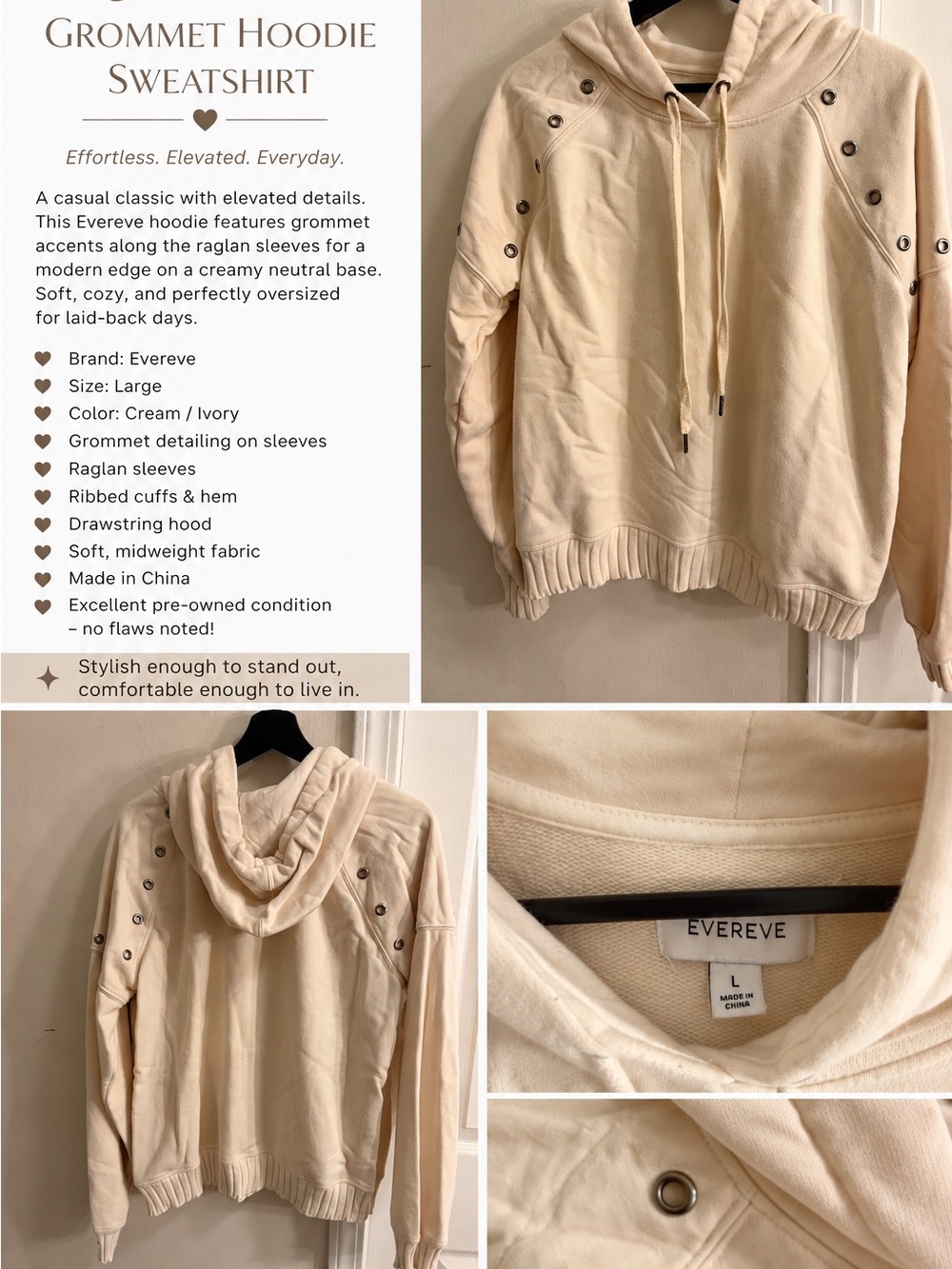 Evereve Cream/Ivory Grommet Hoodie Sweatshirt